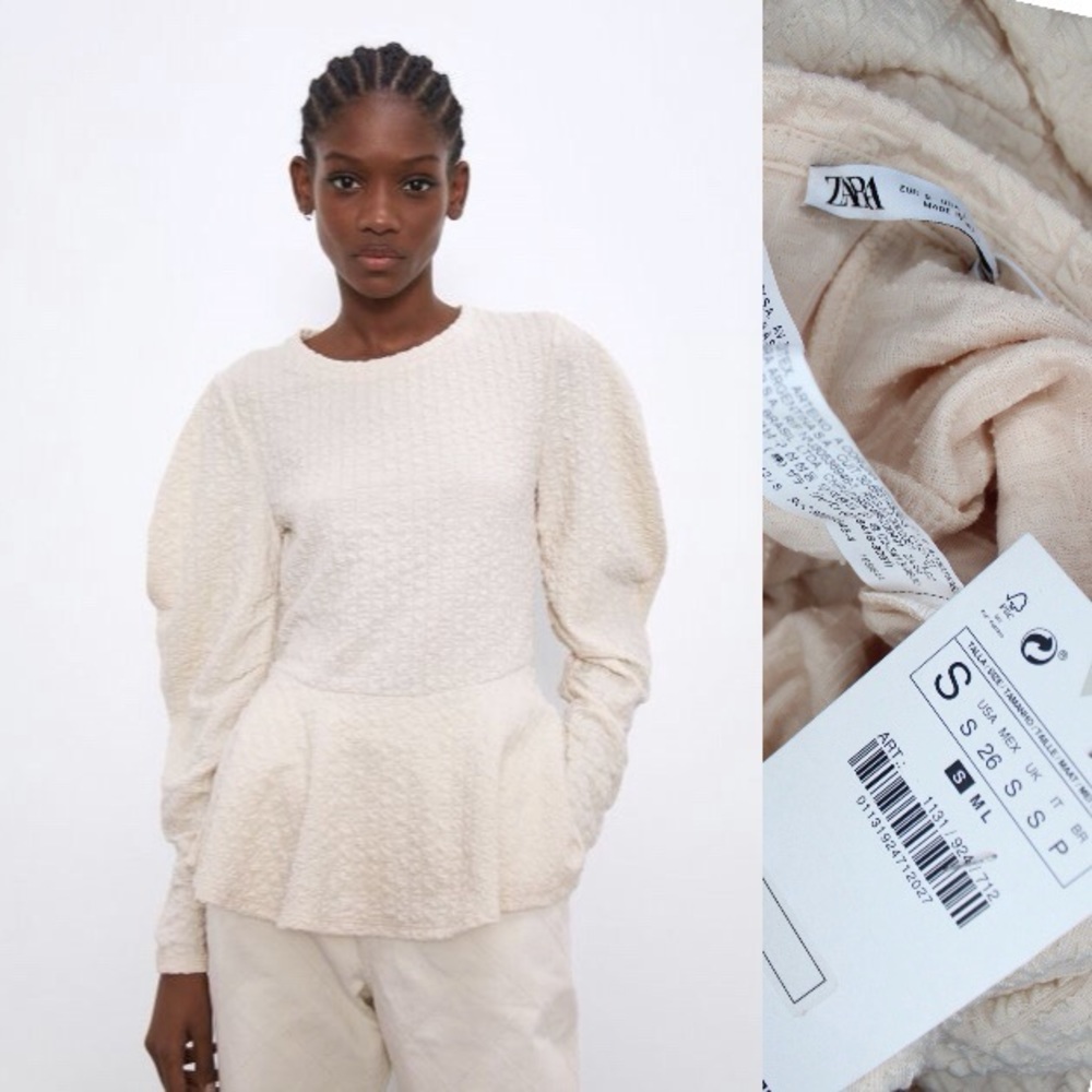 Zara Ecru Long Puff Sleeve Textured & Ruching Top